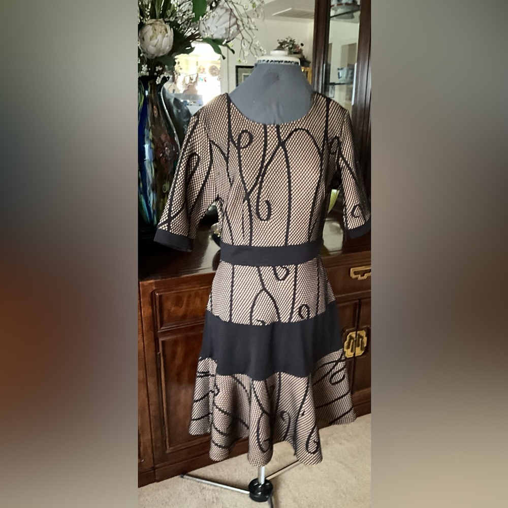 Fit and Flare Black and Tan Patterned Midi Dress
